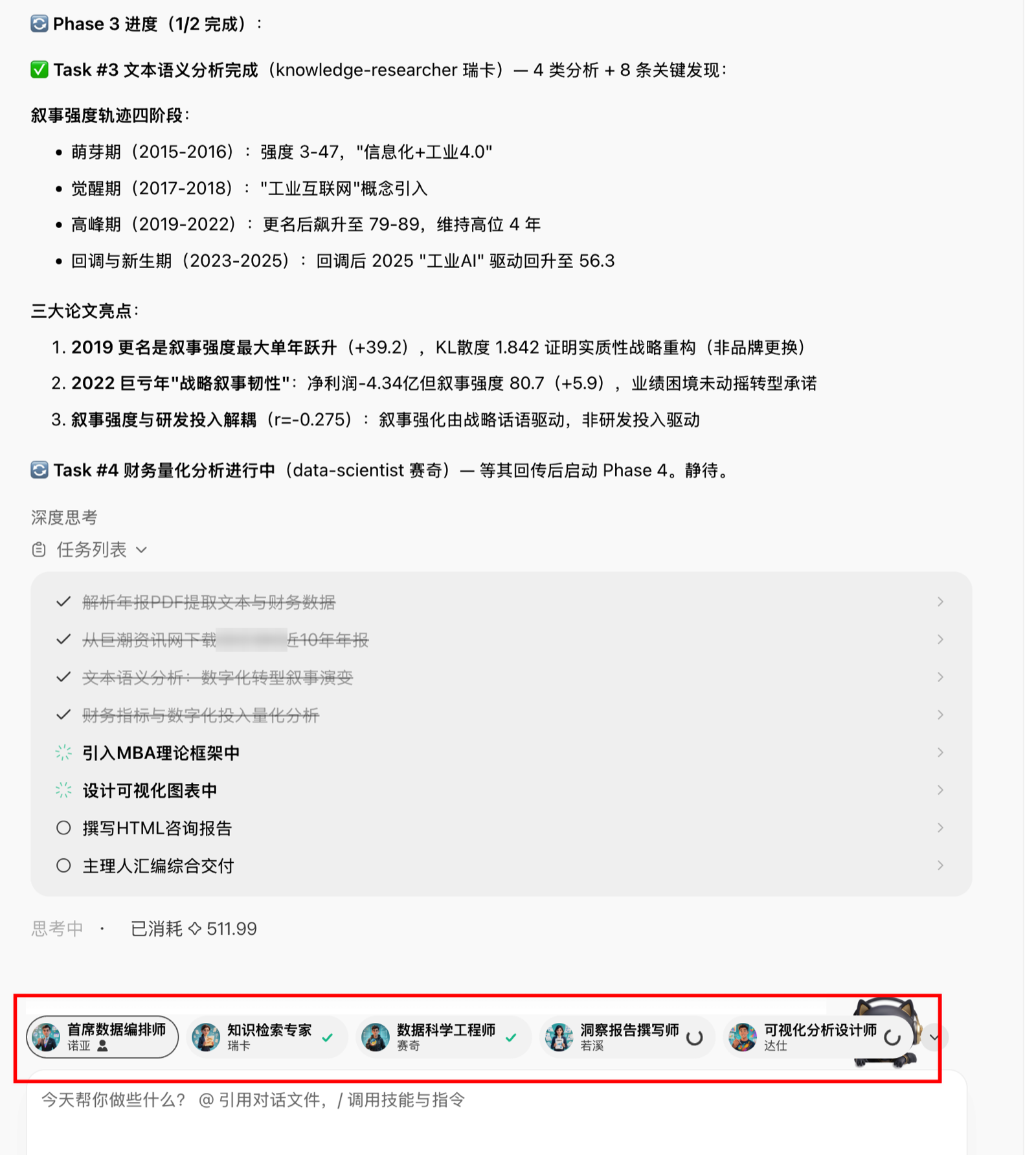 专家团成员分工执行，实时汇报各阶段关键发现